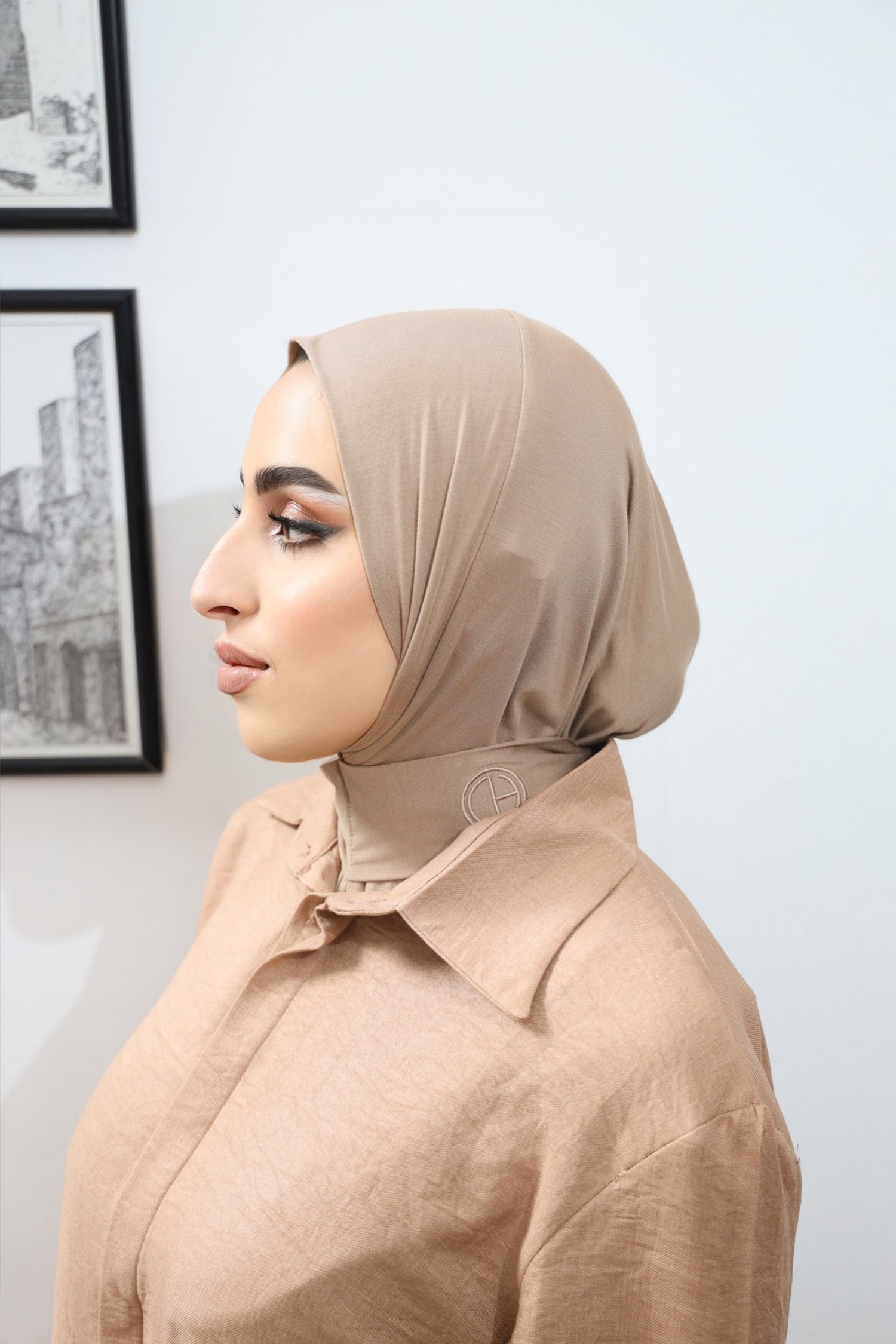 Model wearing the Instant Bamboo Hijab by CHANO Modesty in a beige shade, paired with a matching modest co-ord set — lightweight, soft, and perfect for everyday wear.