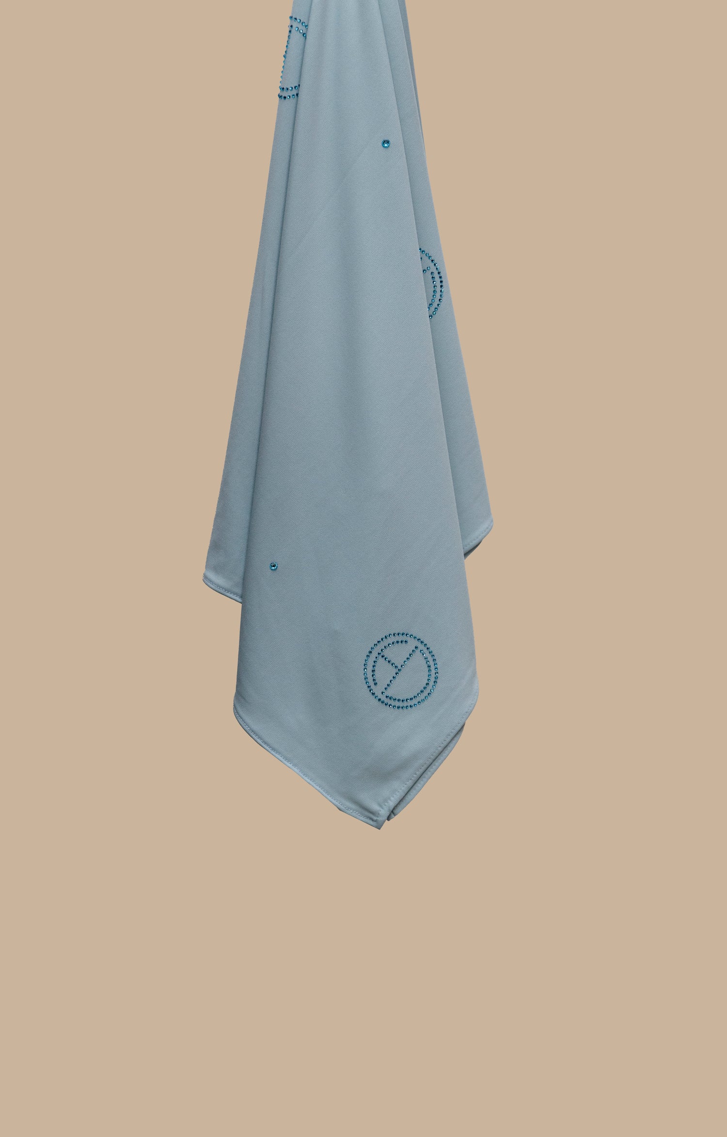 CHANO Modesty Premium Jersey Hijab in Stone in Sky Blue —lightweight stretch fabric with crystal-dotted logo details for an elegant and breathable modest look.