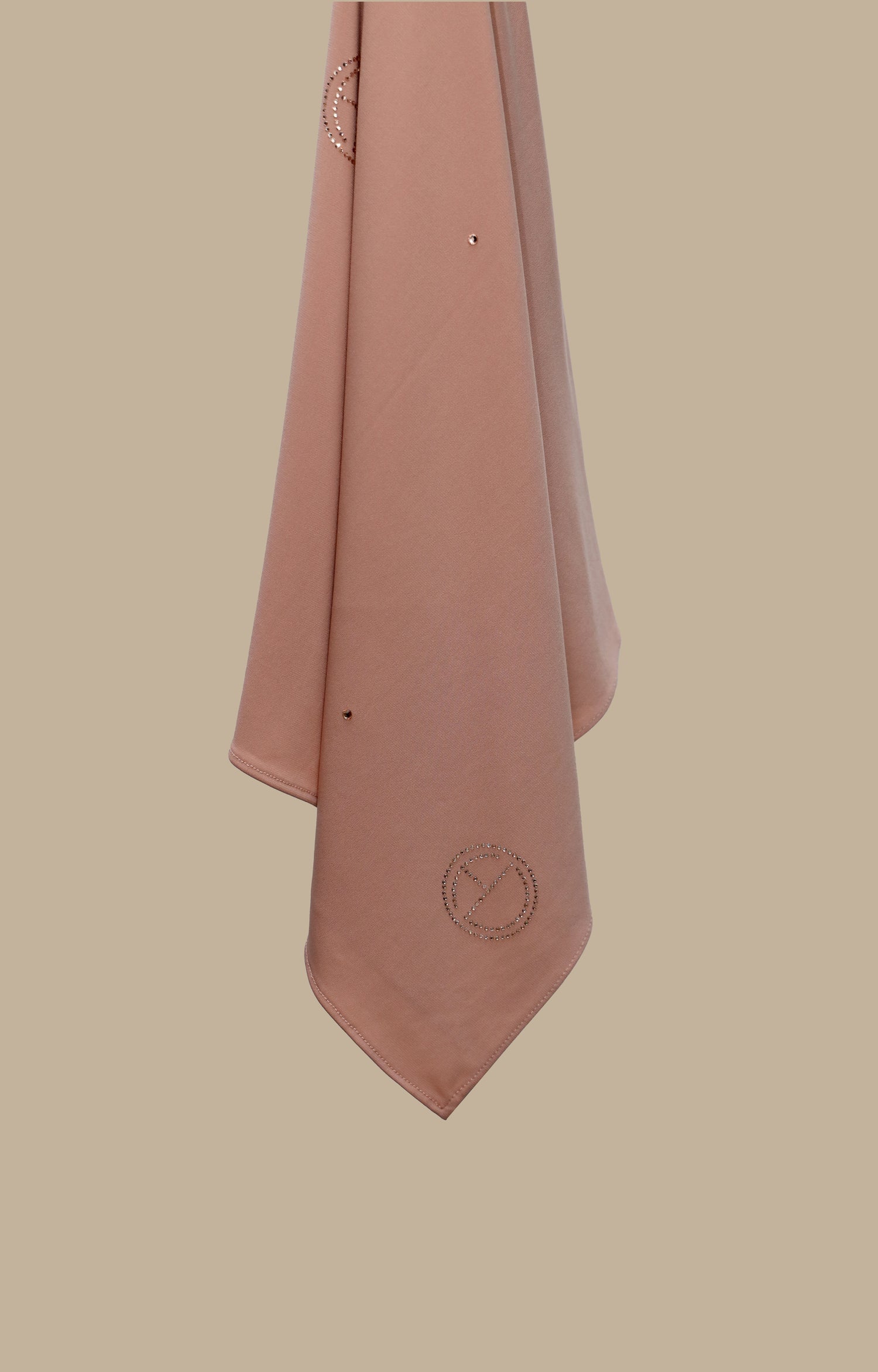 CHANO Modesty Premium Jersey Hijab in Stone in Peach Blush —lightweight stretch fabric with crystal-dotted logo details for an elegant and breathable modest look.