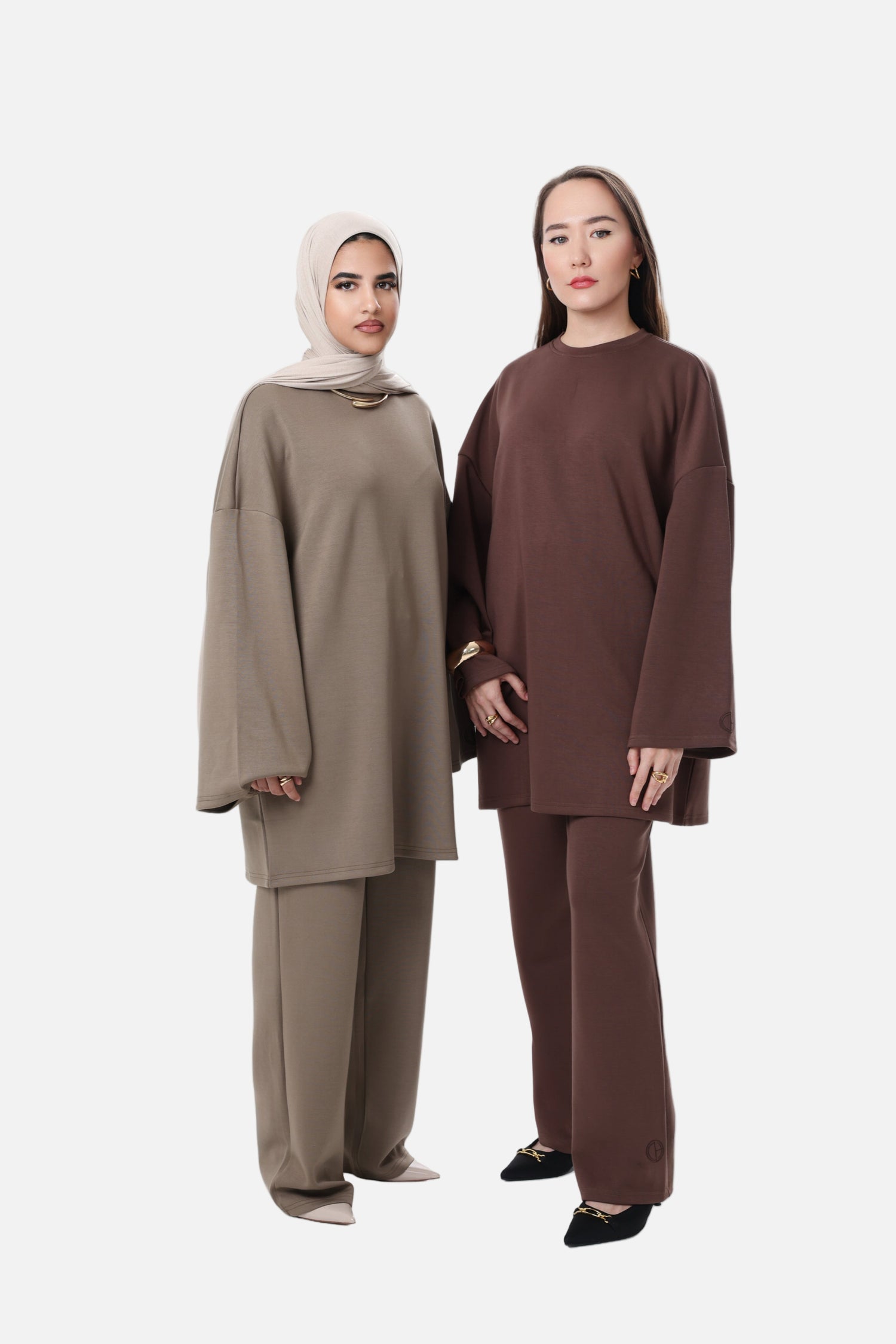 Models wearing the CHANO Comfy Two-Piece Set in Taupe and Mocha, showcasing the minimalist, modest design and relaxed oversized fit.
