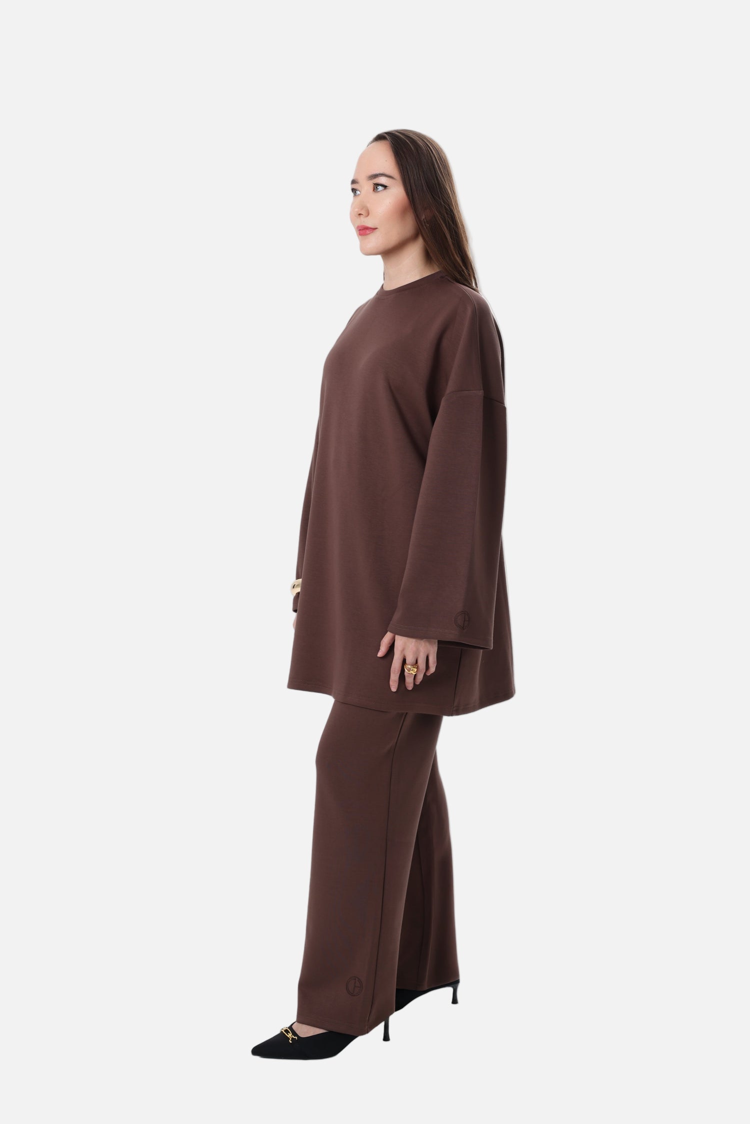 Side view of the CHANO Comfy Two-Piece Set in Mocha, showing the relaxed modest silhouette and comfortable drape of the fabric.