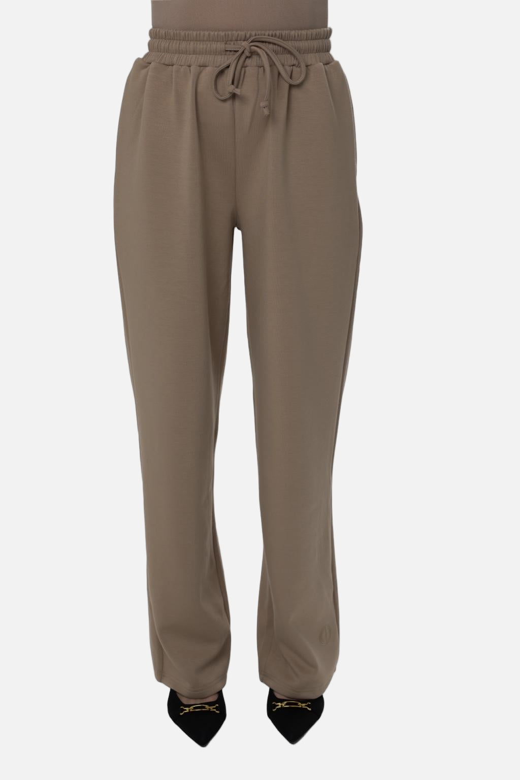Front view of the CHANO Comfy Pants in Taupe featuring a relaxed wide-leg fit, elastic waistband and soft, breathable fabric.