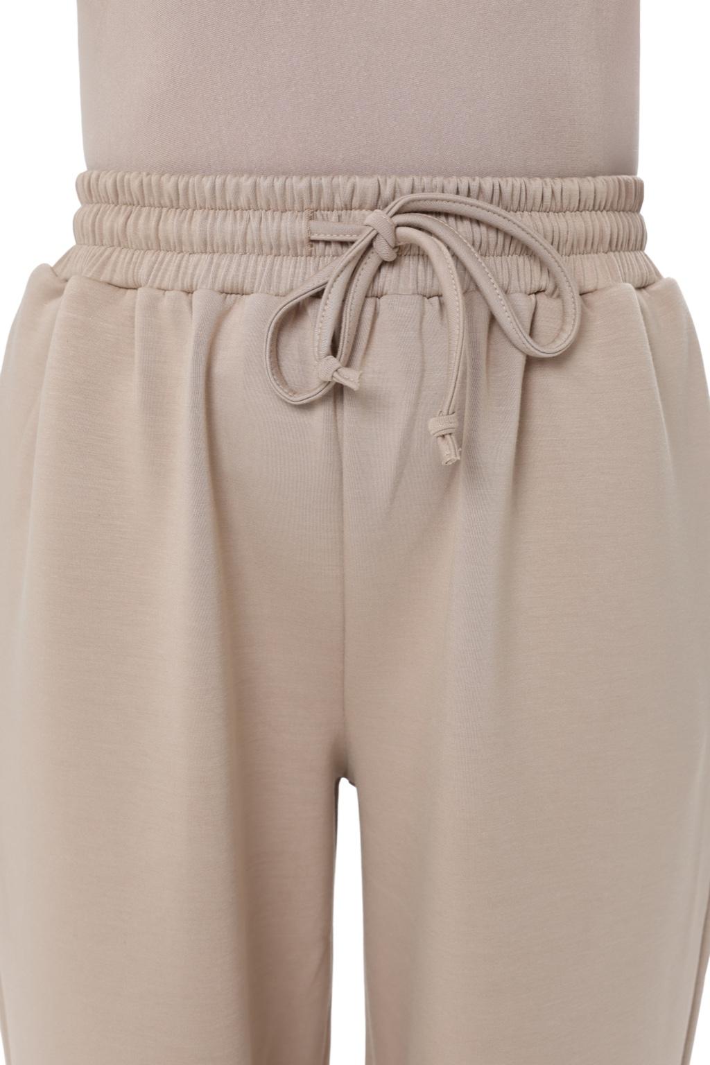 Elastic waistband and drawstring detail of the Comfy Two-Piece Set in Sand, lightweight cotton-blend modest pants.