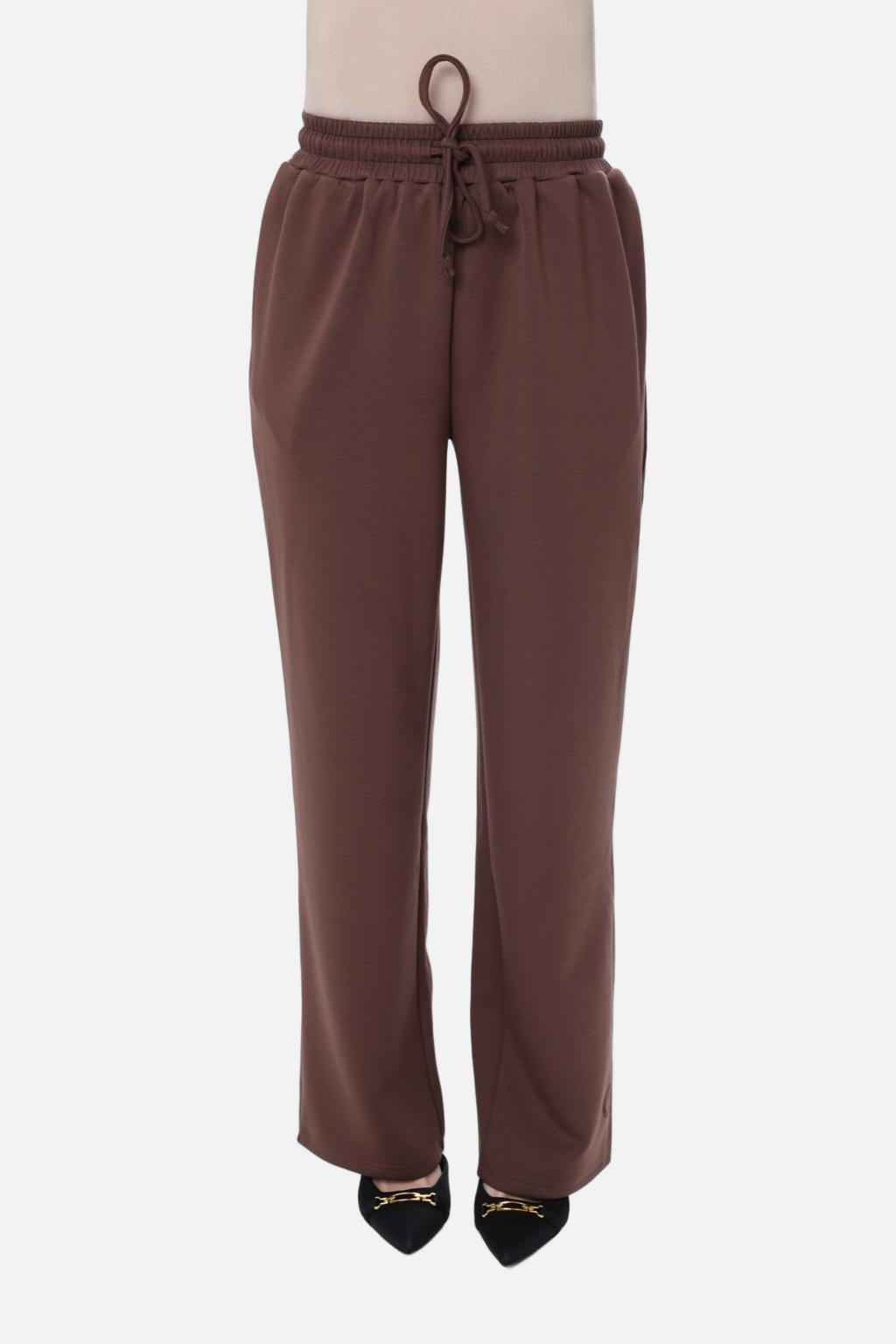 Front view of the CHANO Comfy Pants in Mocha, featuring wide-leg silhouette and soft, stretchy fabric for a relaxed modest look.