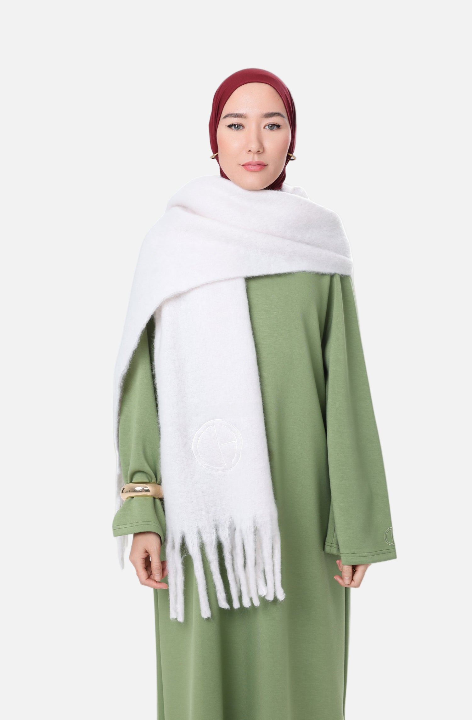 Front view of model wearing the Comfy Scarf in White