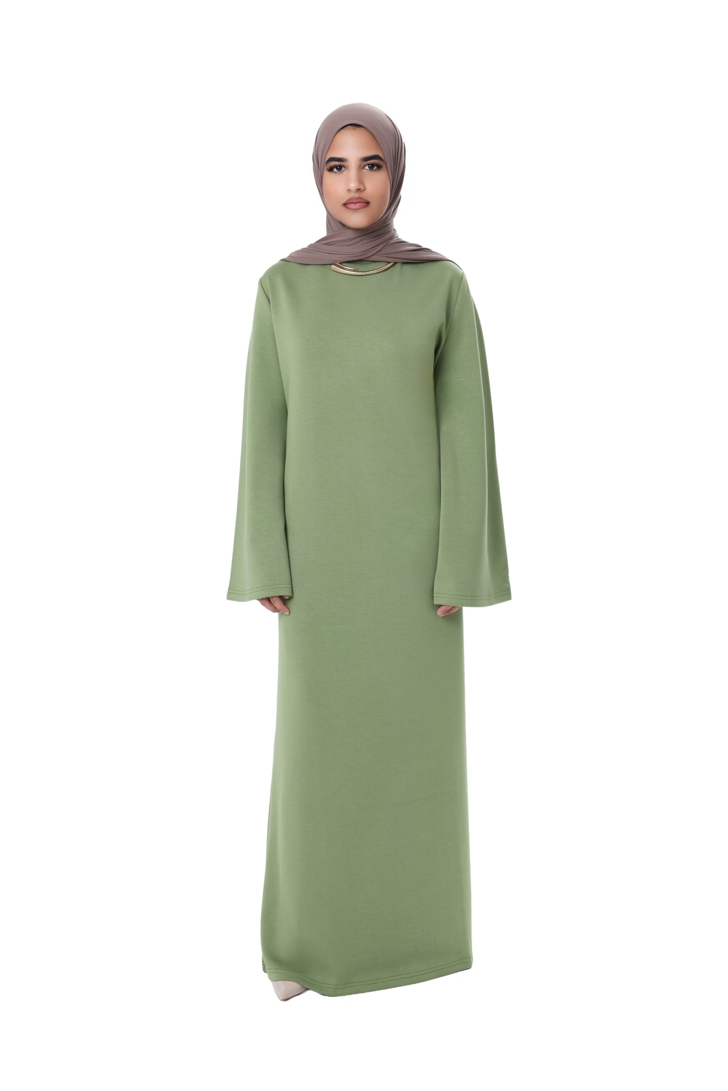 Front view of the Comfy Dress in Olive, styled with a taupe hijab, highlighting the minimal design and soft, flowy fabric.