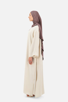 Elegant Rose Beige layered abaya set with relaxed fit and minimalist design
