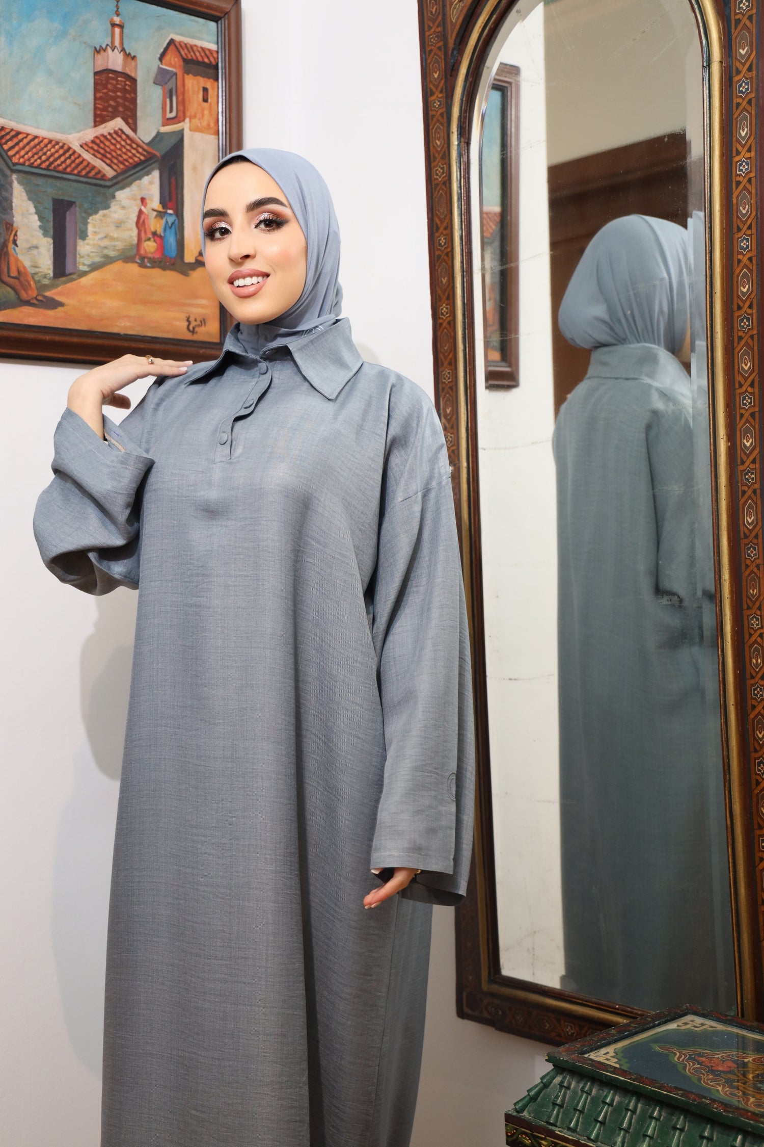CHANO Modesty steel blue Textured Tunic Dress styled with delicate gold jewelry, featuring a collared neckline and wide sleeves — ideal for modest everyday wear.