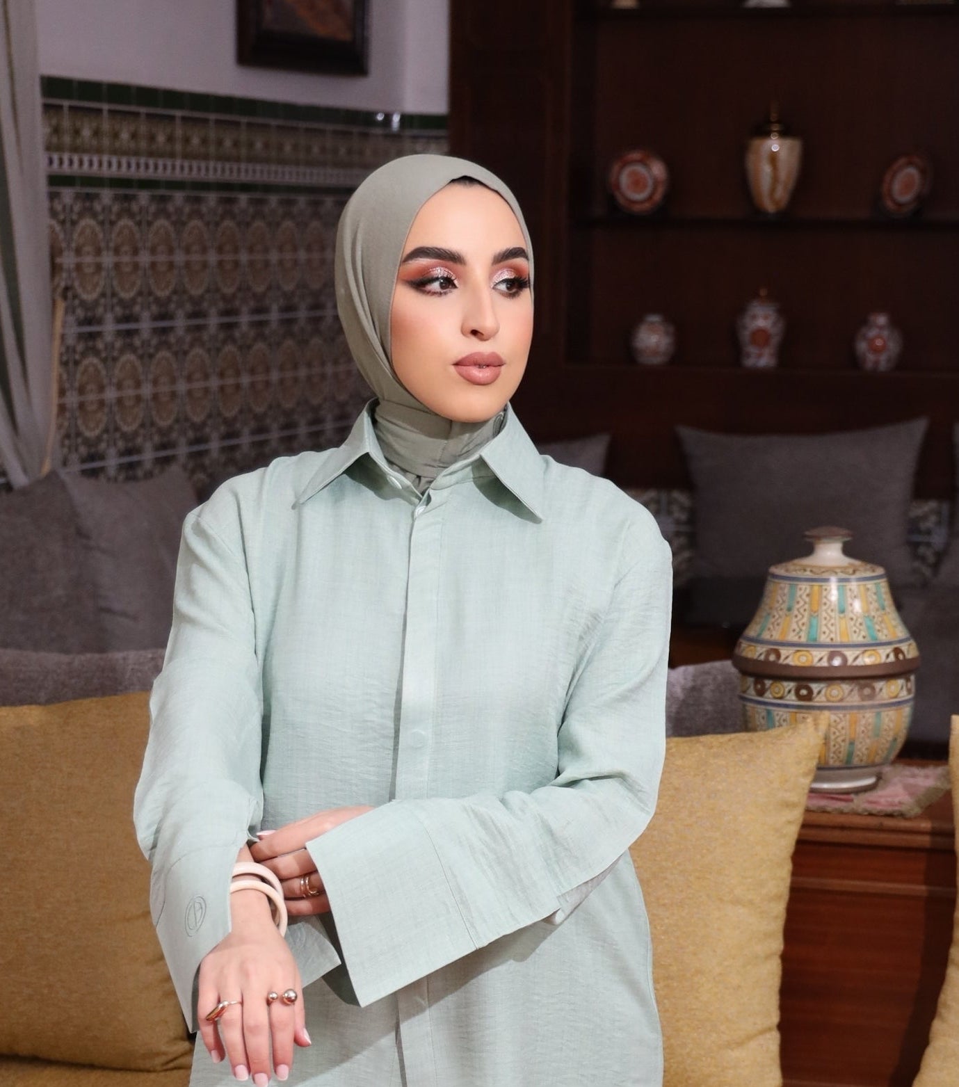 Full-body view of CHANO Modesty’s Instant Bamboo Hijab styled with a sage green co-ord set, ideal for modest, elegant, and breathable day-to-day fashion.