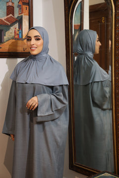 Full-body view of CHANO Modesty’s Instant Bamboo Hijab styled with a dusty blue co-ord set, ideal for modest, elegant, and breathable day-to-day fashion.