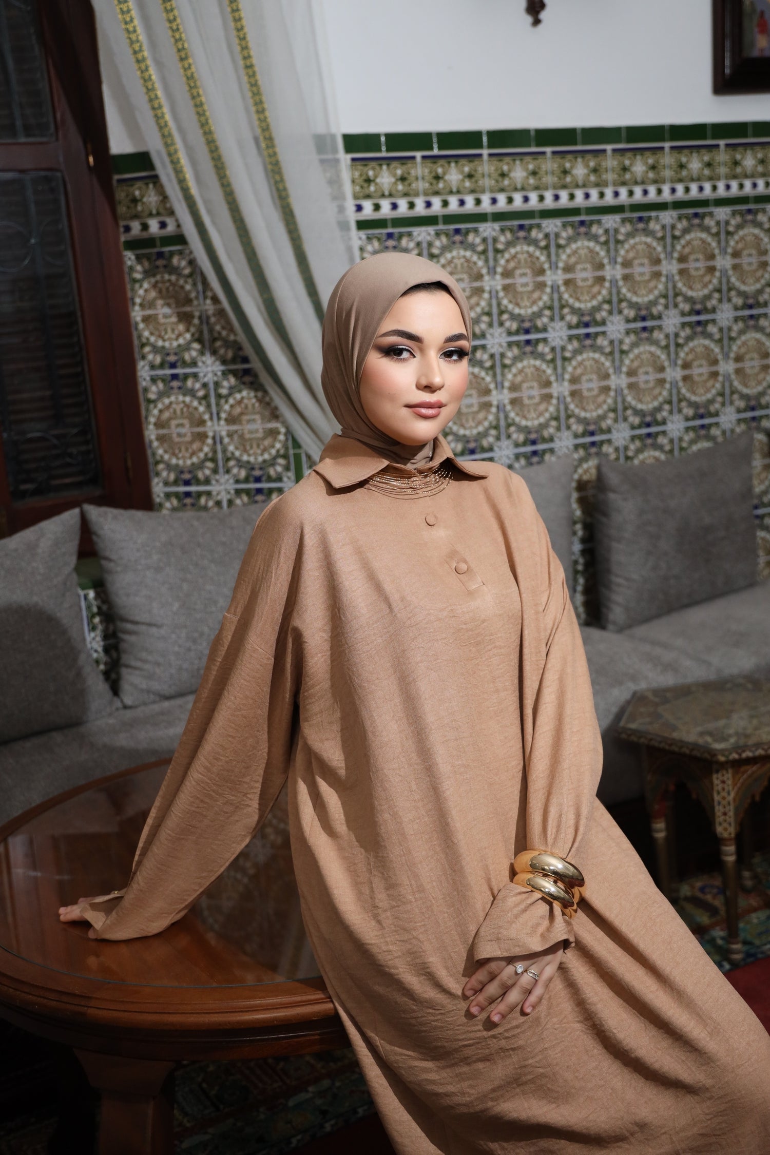 Model wearing the Instant Bamboo Hijab by CHANO Modesty in a Taupe — lightweight, soft, and perfect for everyday wear.