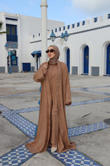 Model wearing CHANO Modesty’s Textured Kimono in a caramel tone, styled with a matching co-ord set and hijab — lightweight, flowy and elegant for modest wear.