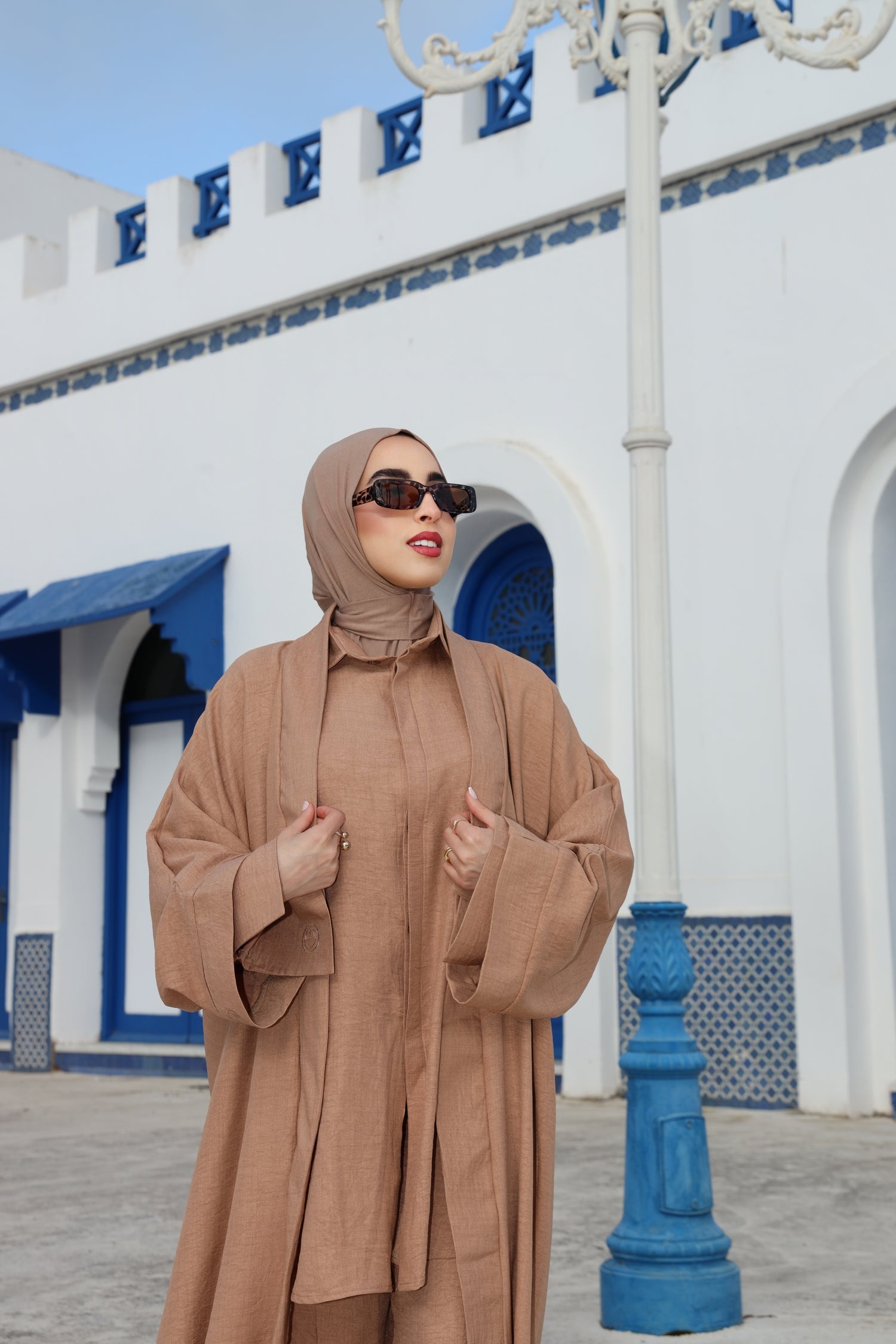 Close-up of CHANO Modesty’s caramel Textured Kimono showcasing the sleeve detail and airy fabric — perfect for effortless, breathable modest style.