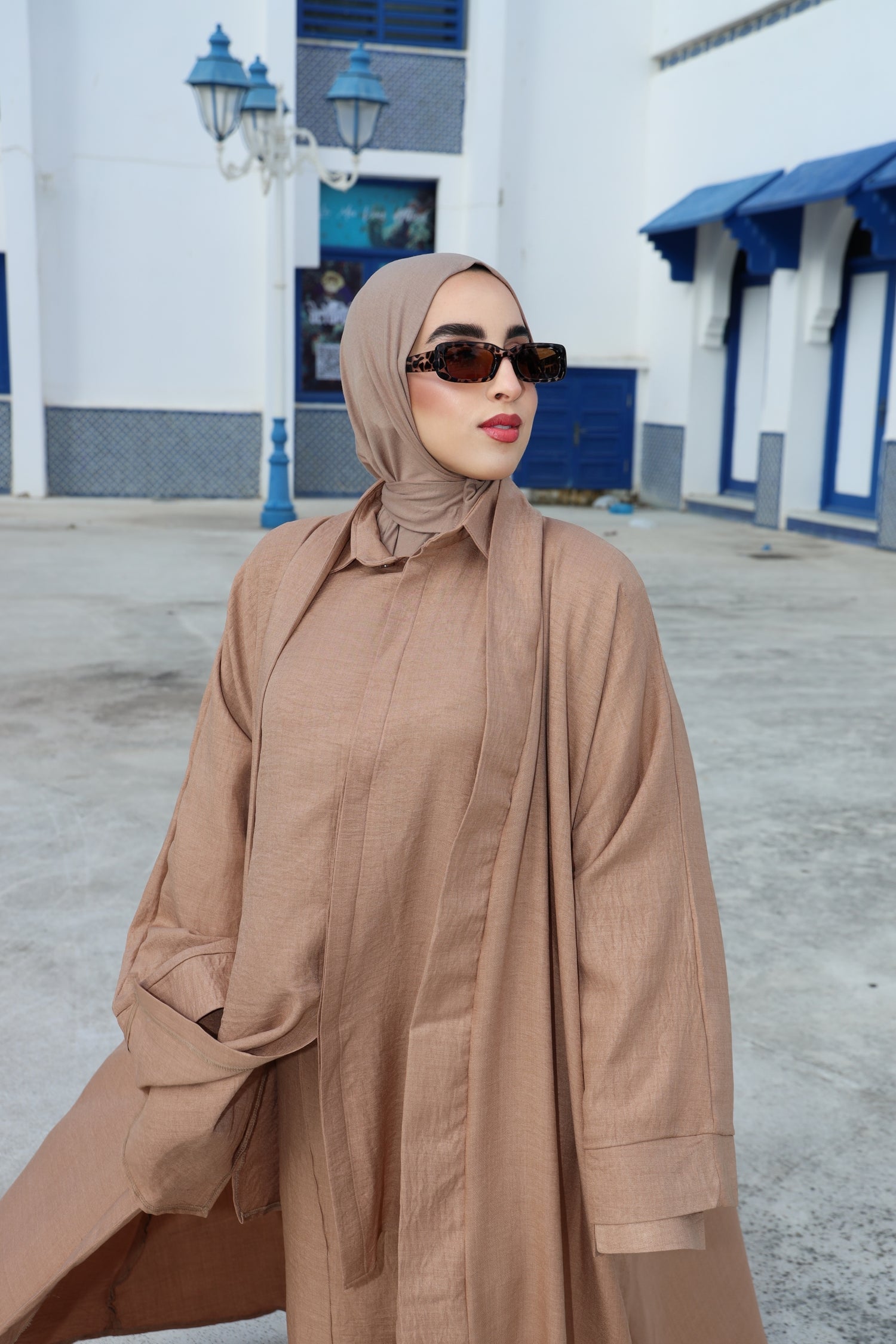 Full modest outfit featuring the CHANO Modesty caramel Textured Kimono with wide sleeves and a relaxed silhouette, layered over a matching shirt and pants set.