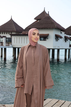 Close-up of CHANO Modesty’s soft brown Textured Kimono showcasing the sleeve detail and airy fabric — perfect for effortless, breathable modest style.