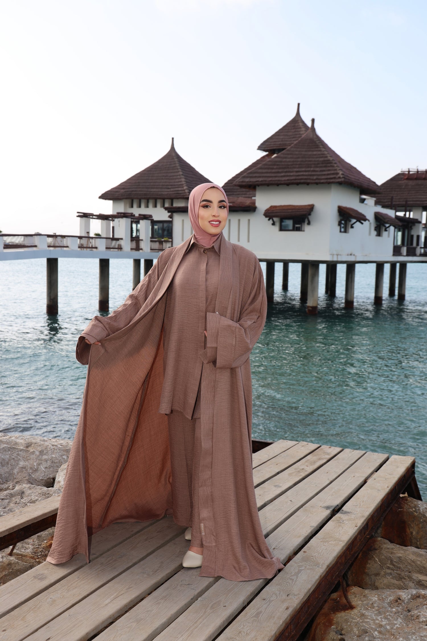 Full modest outfit featuring the CHANO Modesty soft brown Textured Kimono with wide sleeves and a relaxed silhouette, layered over a matching shirt and pants set.