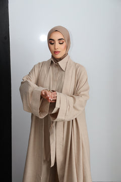Close-up of CHANO Modesty’s beige Textured Kimono showcasing the sleeve detail and airy fabric — perfect for effortless, breathable modest style.