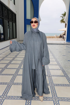 Full modest outfit featuring the CHANO Modesty steel blue Textured Kimono with wide sleeves and a relaxed silhouette, layered over a matching shirt and pants set.