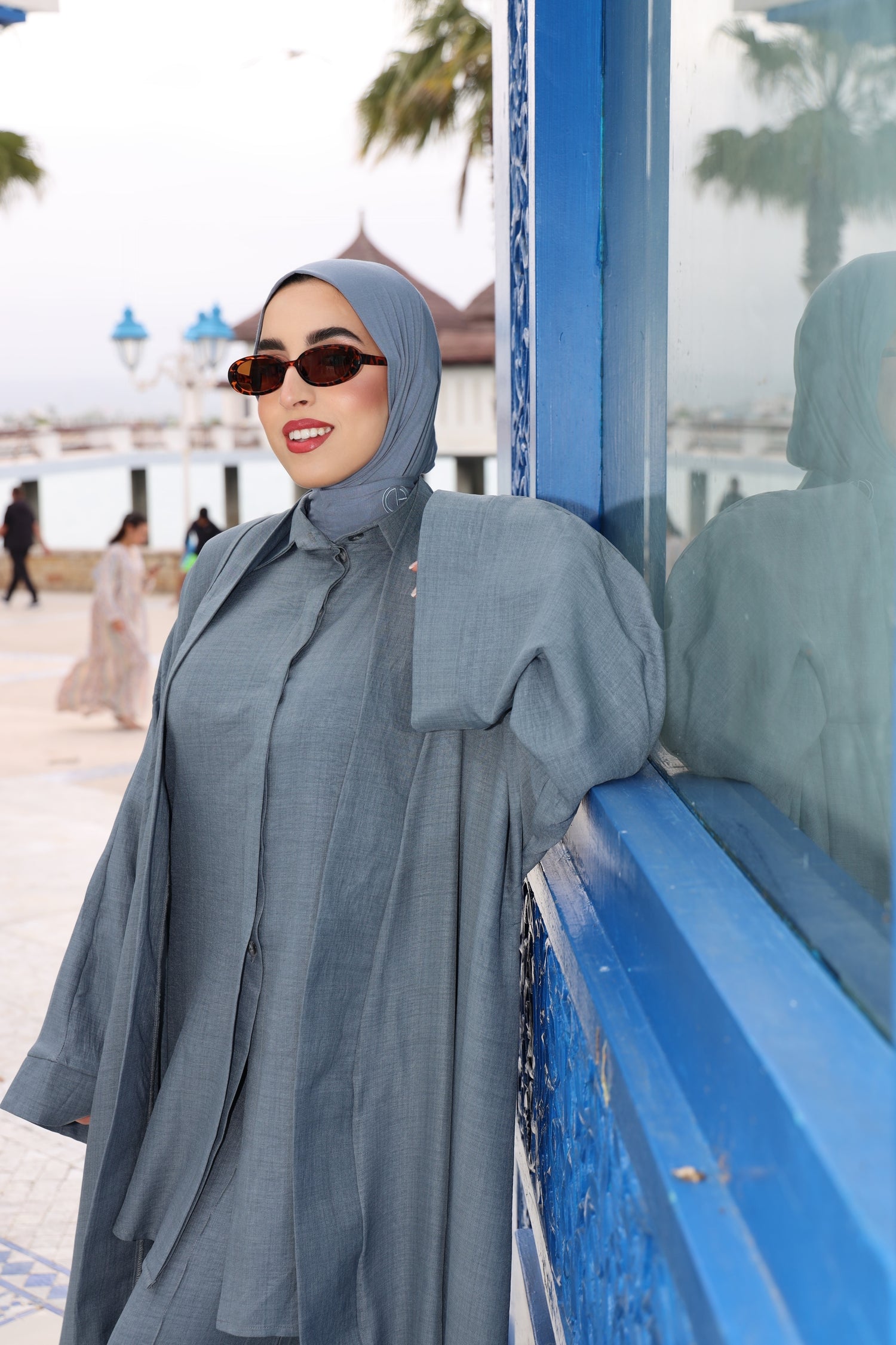 Close-up of CHANO Modesty’s blue Textured Kimono showcasing the sleeve detail and airy fabric — perfect for effortless, breathable modest style.