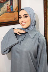 Model wearing the Instant Bamboo Hijab by CHANO Modesty in a dusty blue shade, paired with a matching modest co-ord set — lightweight, soft, and perfect for everyday wear.