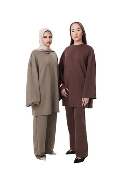 Models wearing the CHANO Comfy Two-Piece Set in Taupe and Mocha, showcasing the minimalist, modest design and relaxed oversized fit.