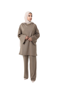 Model wearing the CHANO Comfy Two-Piece Set in Taupe, side view highlighting the flowy cotton-blend fabric and modest silhouette.
