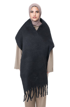 Front view of the Comfy Scarf in Black, showing the oversized design, soft brushed finish, and tone-on-tone logo detail.