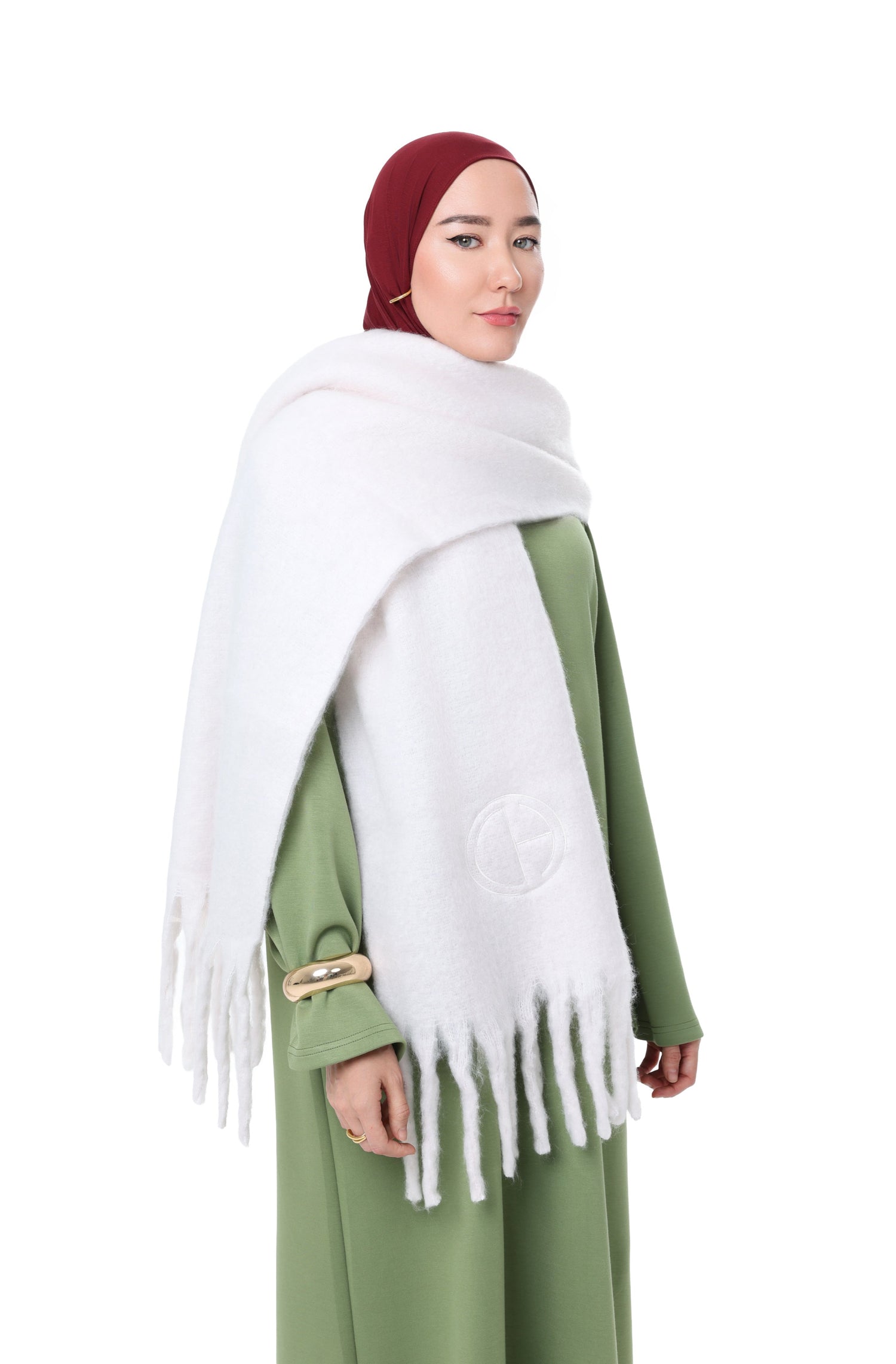Three-quarter side view of the Comfy Scarf in Ivory, emphasizing its voluminous and warm look.