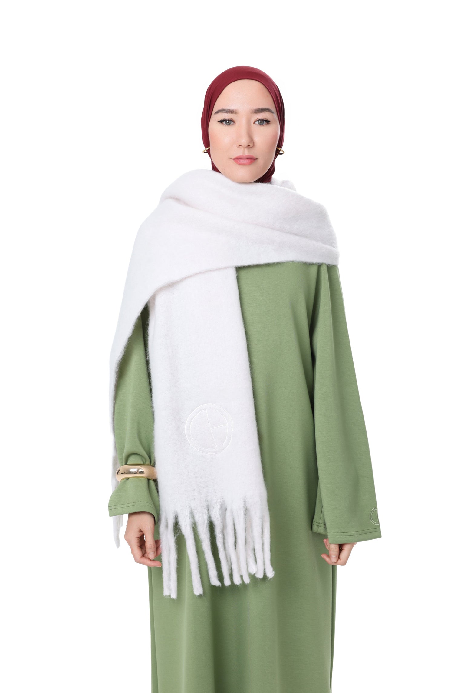 Front view of model wearing the Comfy Scarf in White